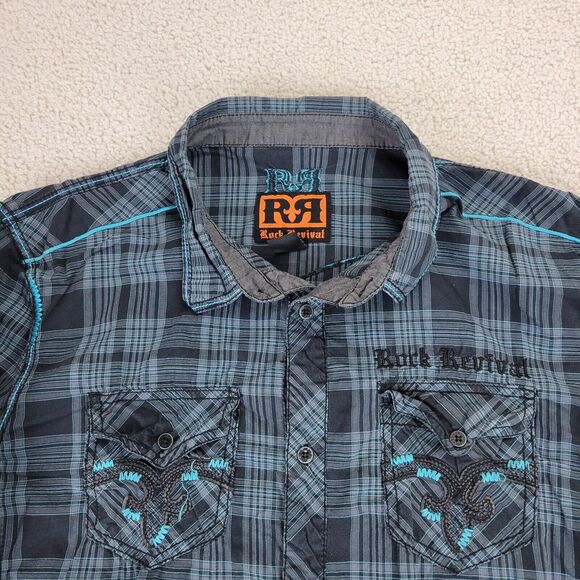 Rock Revival Pearl Snap Shirt Mens XL Blue Plaid Point pockets Embroidered - Picture 3 of 12